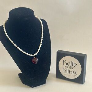 Freshwater pearl Necklace with Red Heart Pendant for Valentine’s Day
